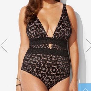 Black JACKSON LACE PLUNGE ONE PIECE SWIMSUIT
